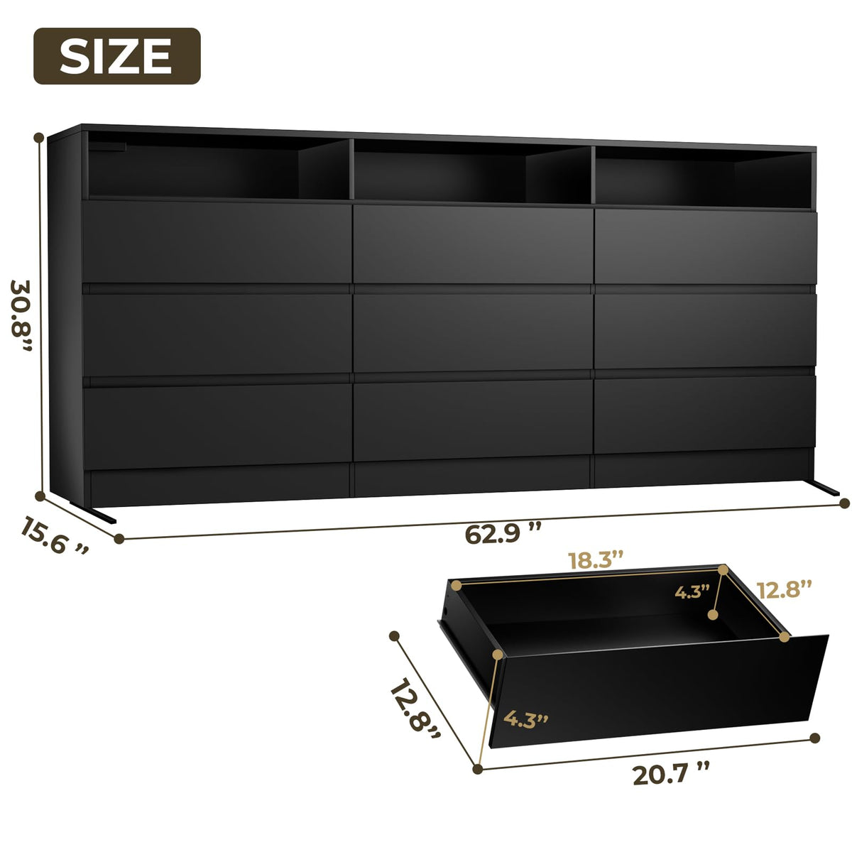Black 9 Drawer Wood Dresser B64500