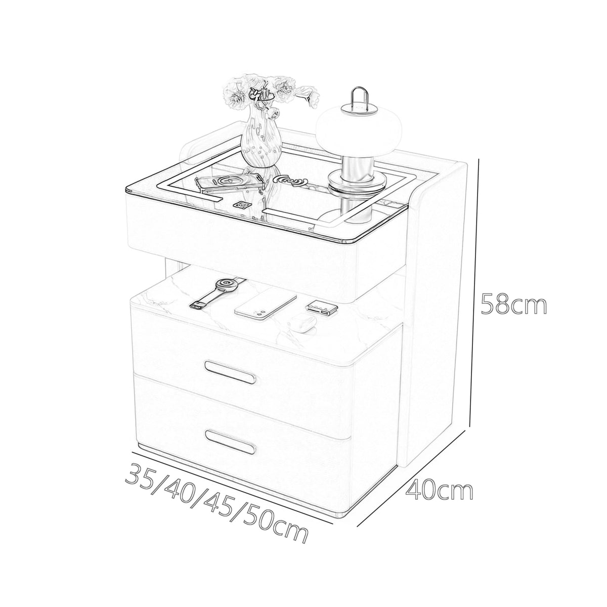 Smart Nightstand with 2 Storage Drawer, Wireless Charging Station, 3-Color Adjustable LED Light, Solid Wood Side Table R2279