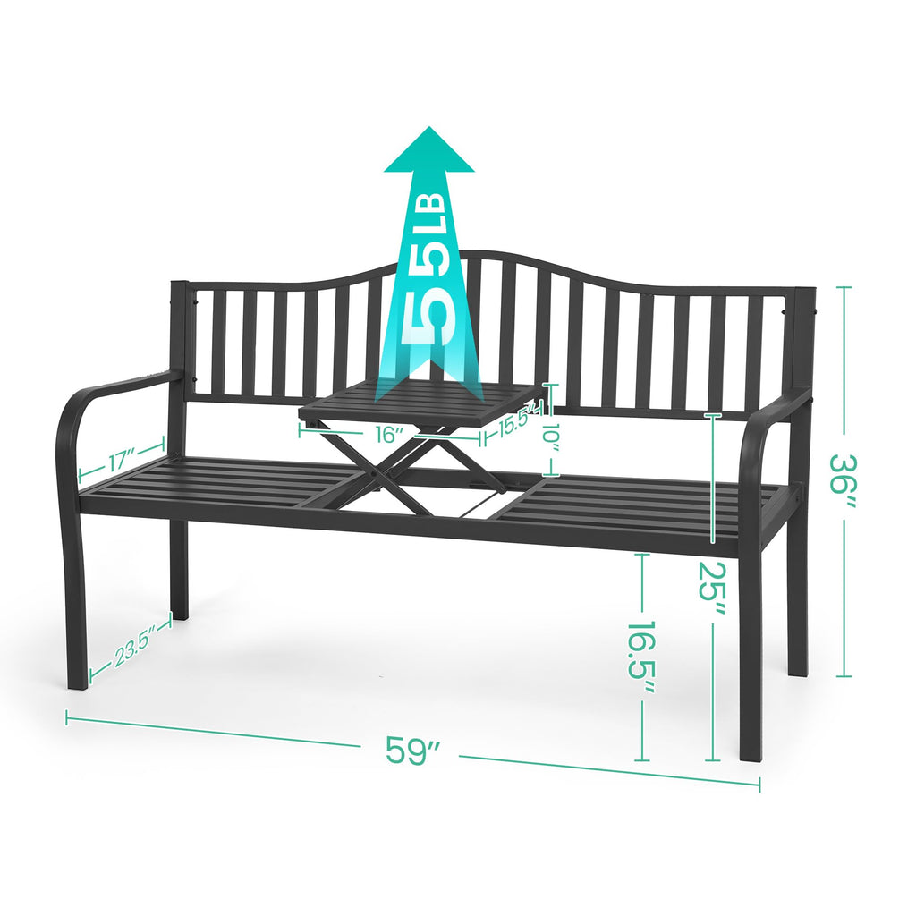 59" Gray Metal Outdoor Bench with Built in Table N350225
