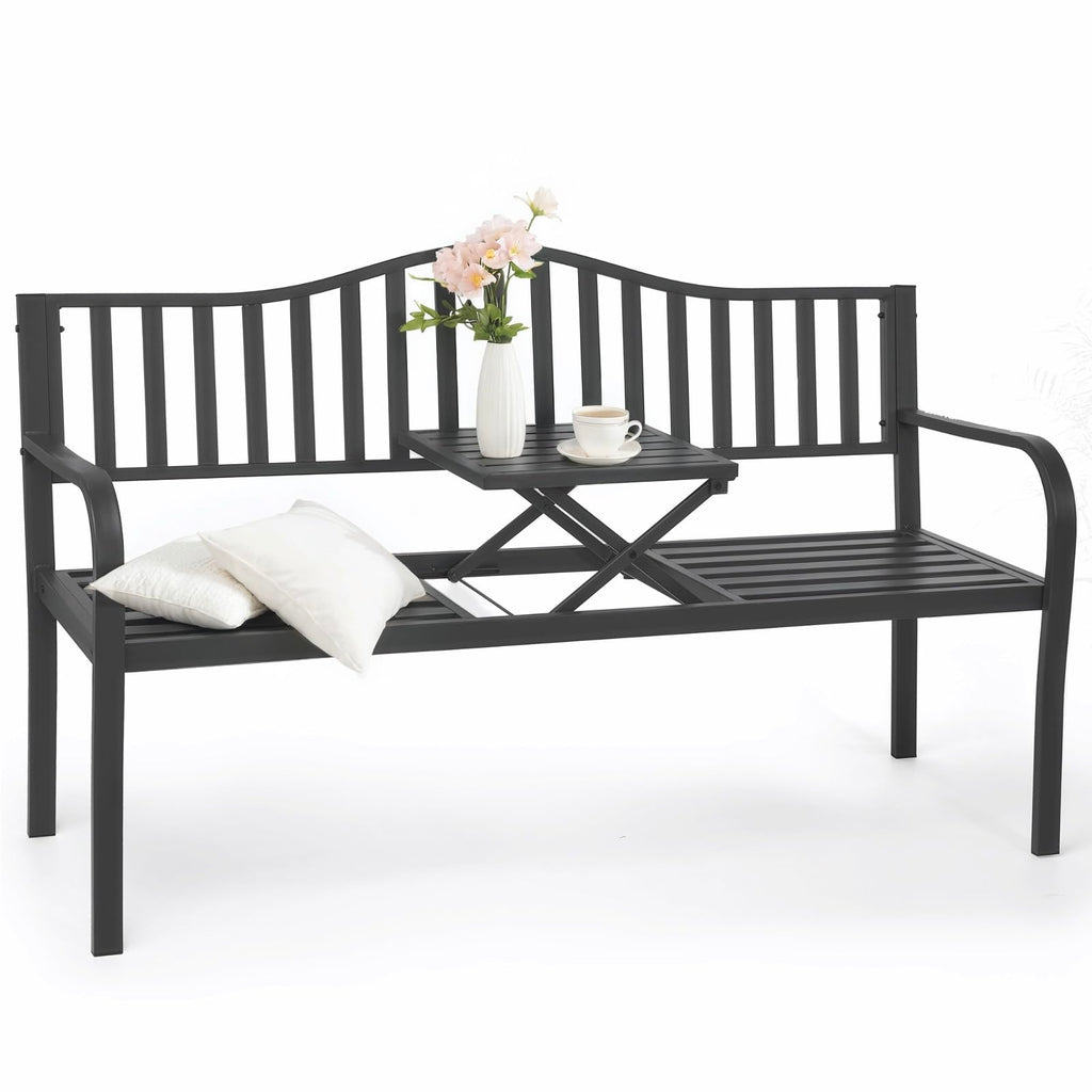59" Gray Metal Outdoor Bench with Built in Table N350225
