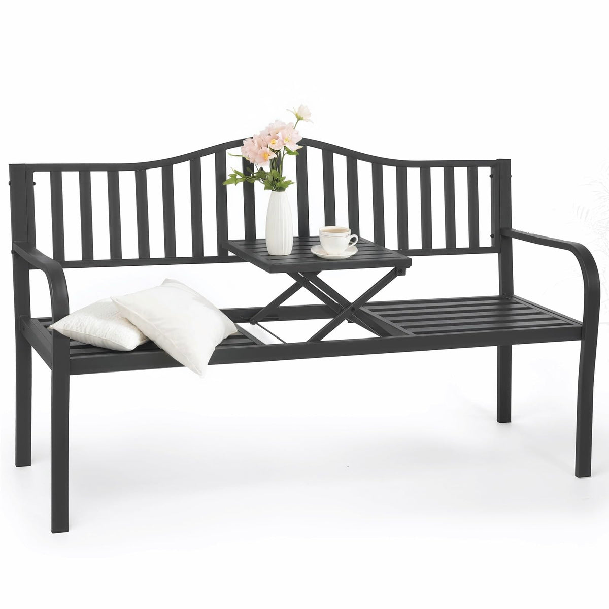 59" Gray Metal Outdoor Bench with Built in Table N350225