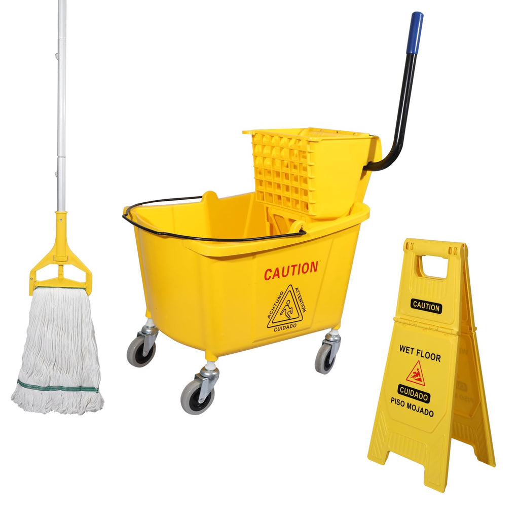 Commercial Mop Bucket with Wringer on Wheels, 35 Quart, Yellow X263114