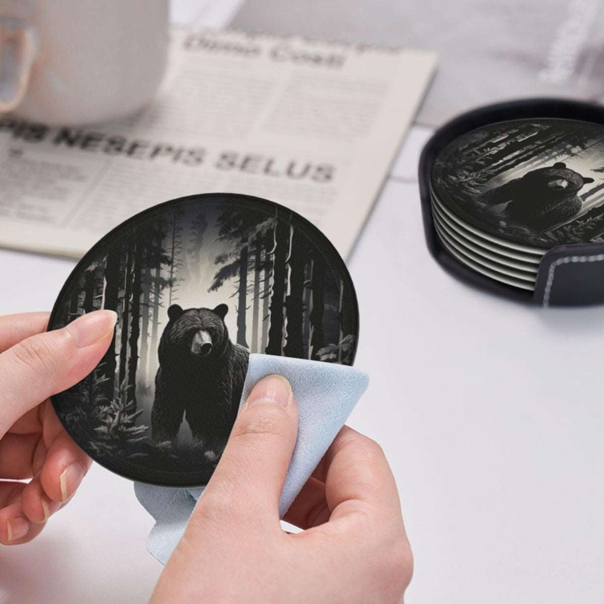 Black 6 Pcs Leather Coasters with Holder Q59930