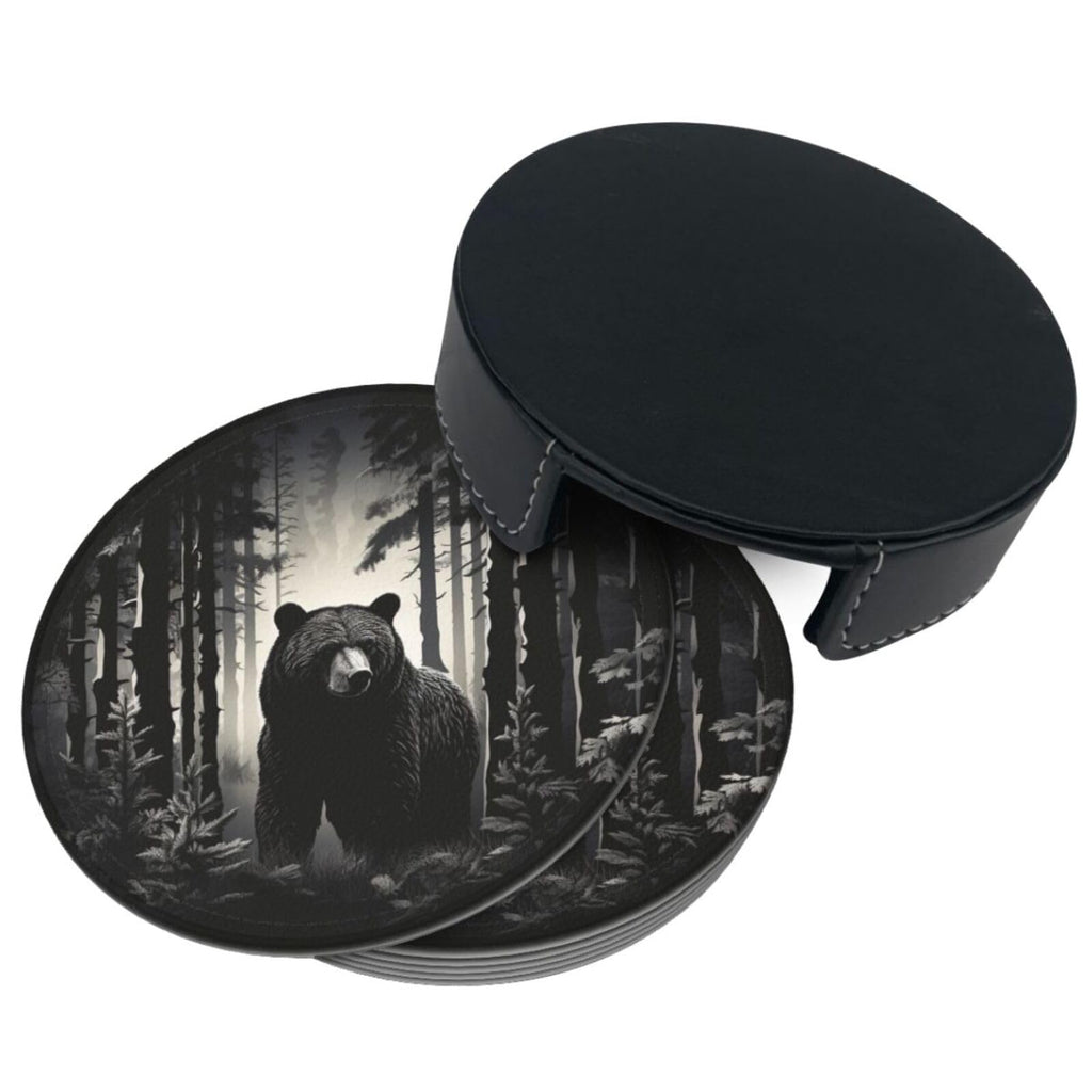 Black 6 Pcs Leather Coasters with Holder Q59930