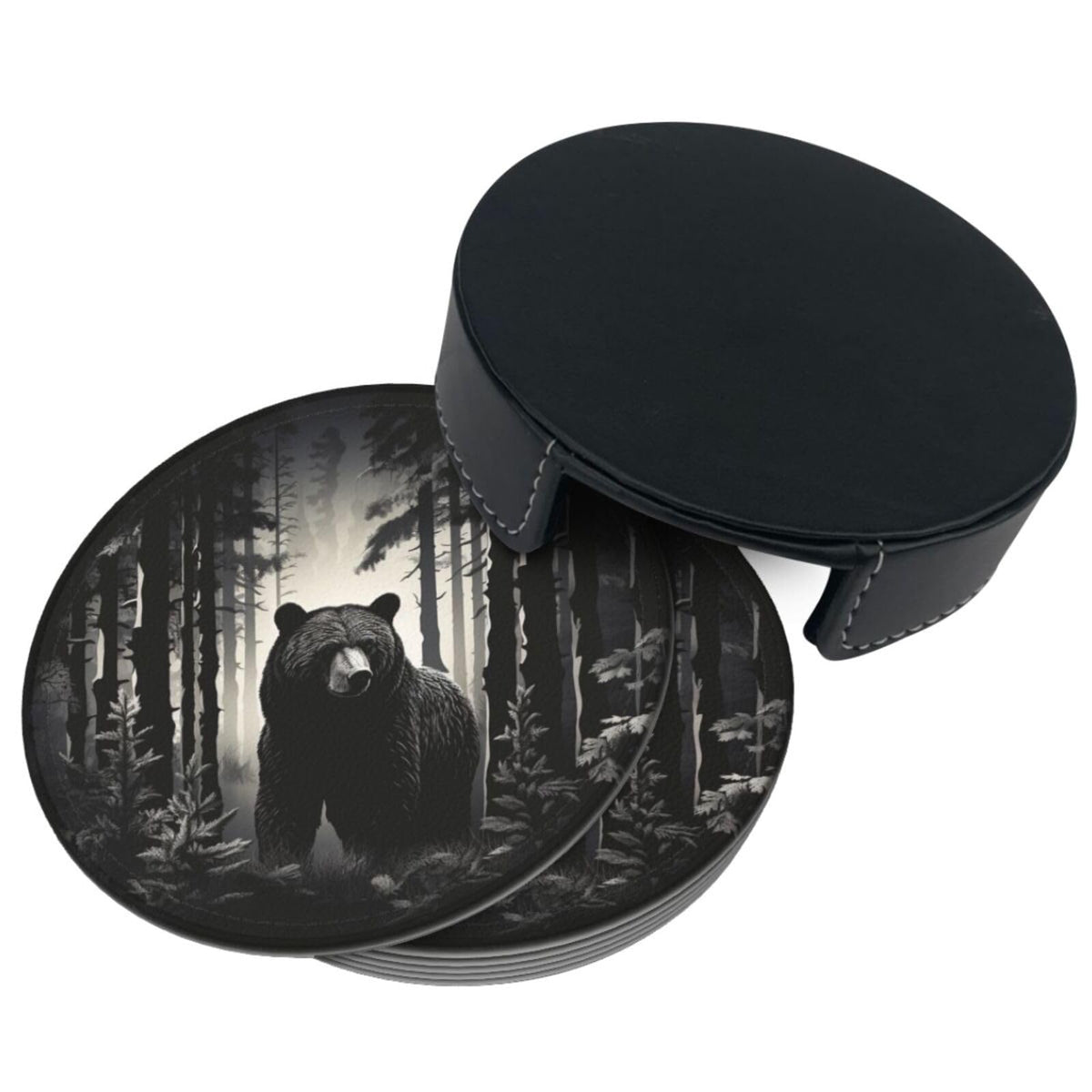 Black 6 Pcs Leather Coasters with Holder Q59930