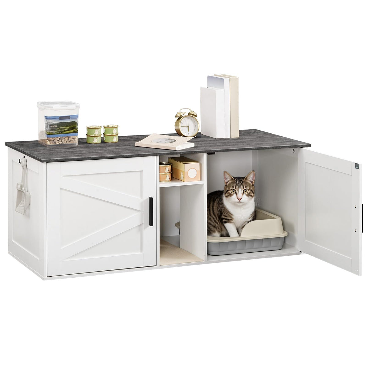 White and Charcoal Gray Cat Litter Box Enclosure U68814