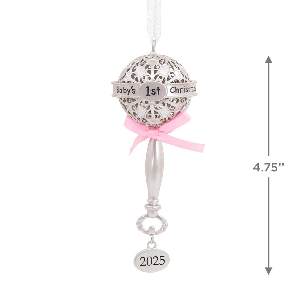Silver Rattle with Pink Ribbon Christmas Ornament Z1159