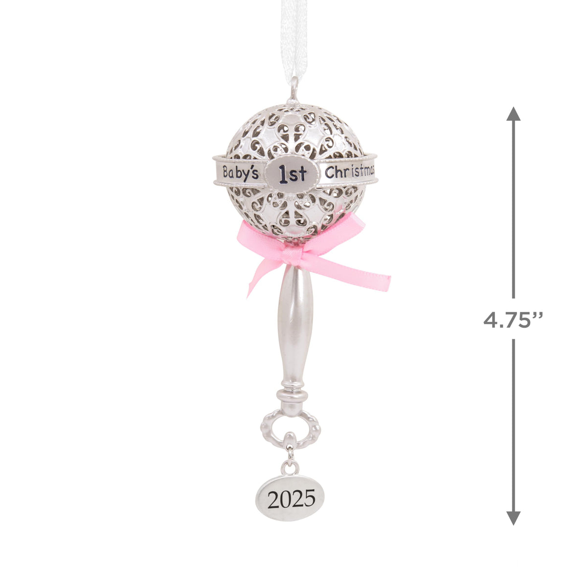 Silver Rattle with Pink Ribbon Christmas Ornament Z1159