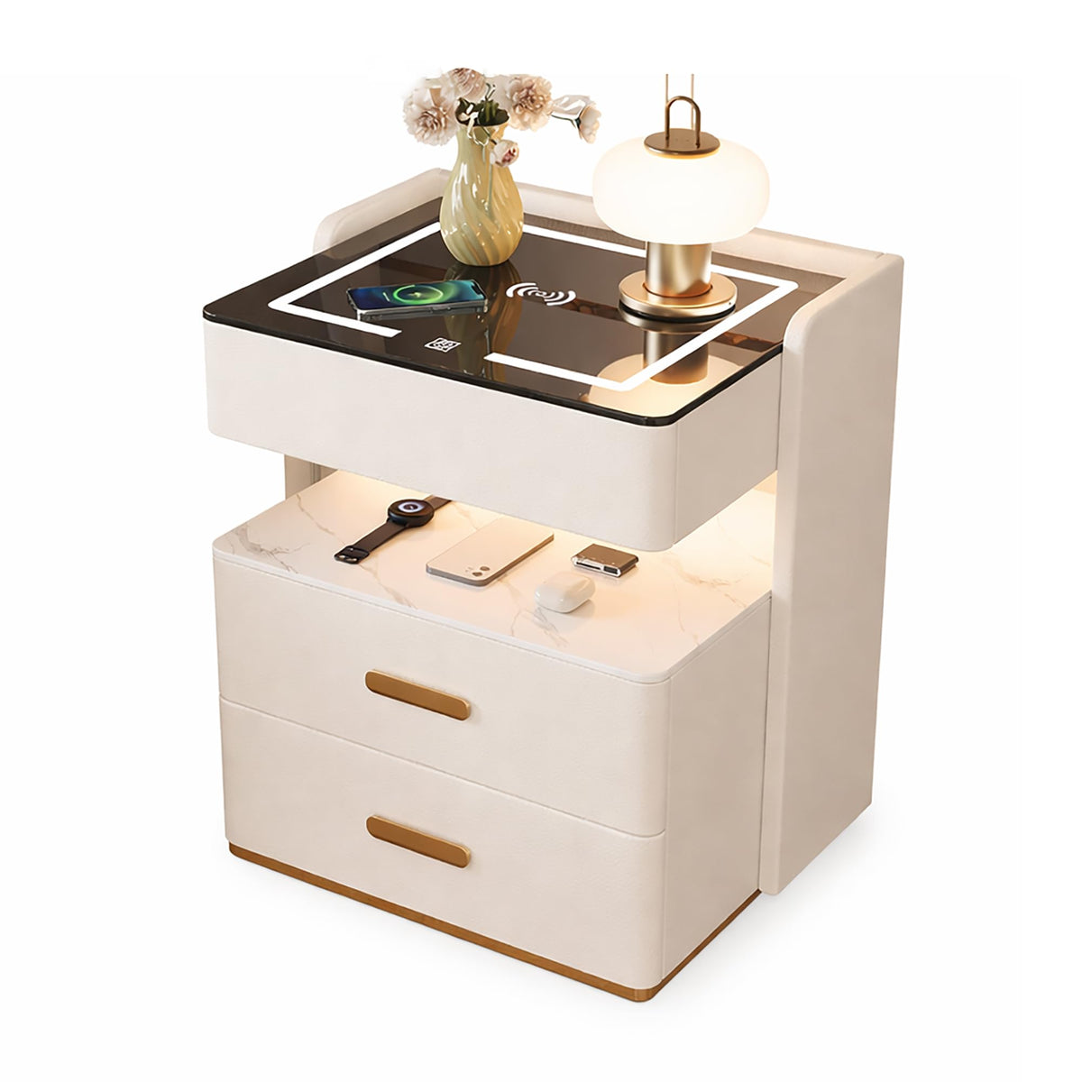 Smart Nightstand with 2 Storage Drawer, Wireless Charging Station, 3-Color Adjustable LED Light, Solid Wood Side Table R2279
