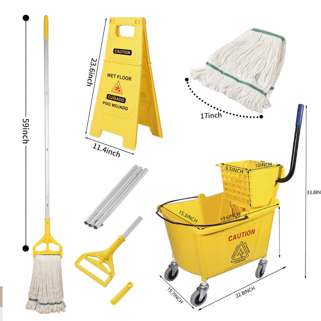 Commercial Mop Bucket with Wringer on Wheels, 35 Quart, Yellow X263114