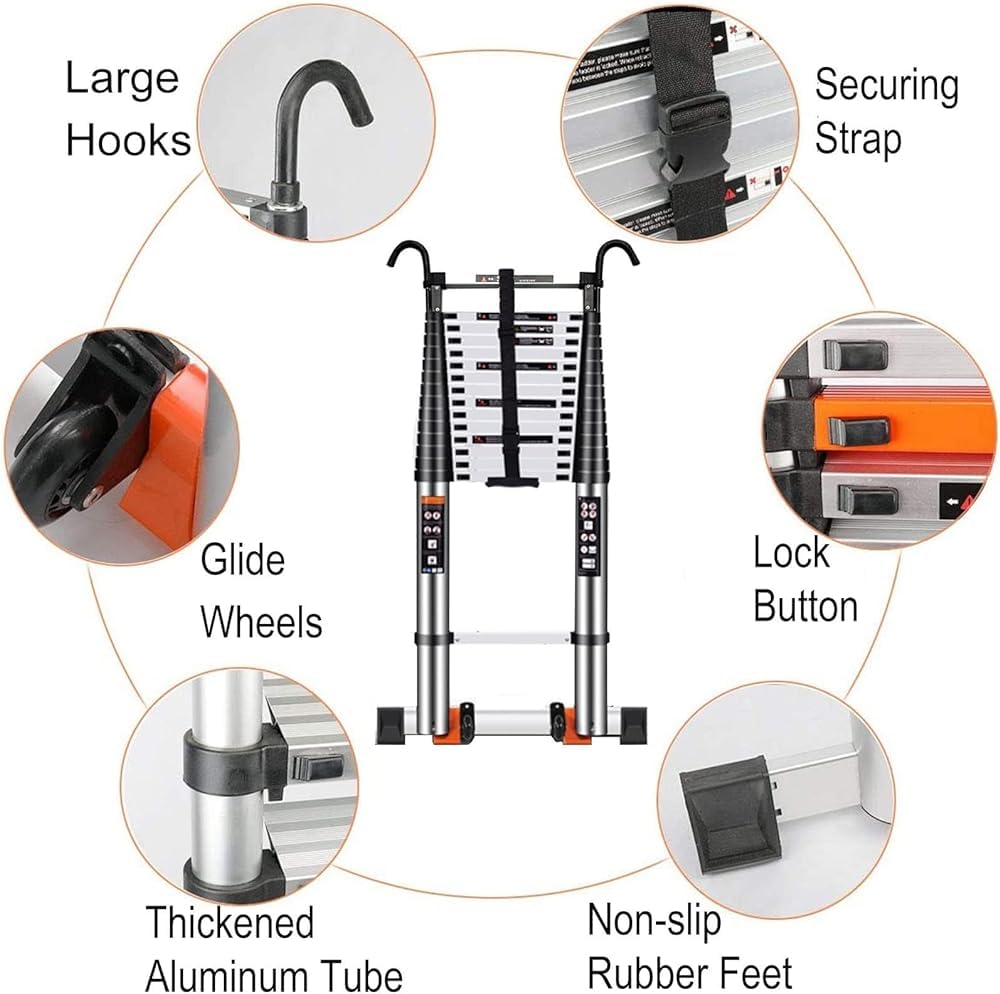 Telescoping Ladder with Hook Folding Portable Aluminum 330 Lbs U2206