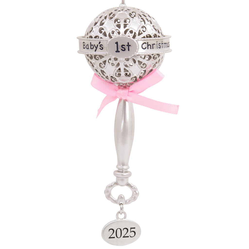 Silver Rattle with Pink Ribbon Christmas Ornament Z1159