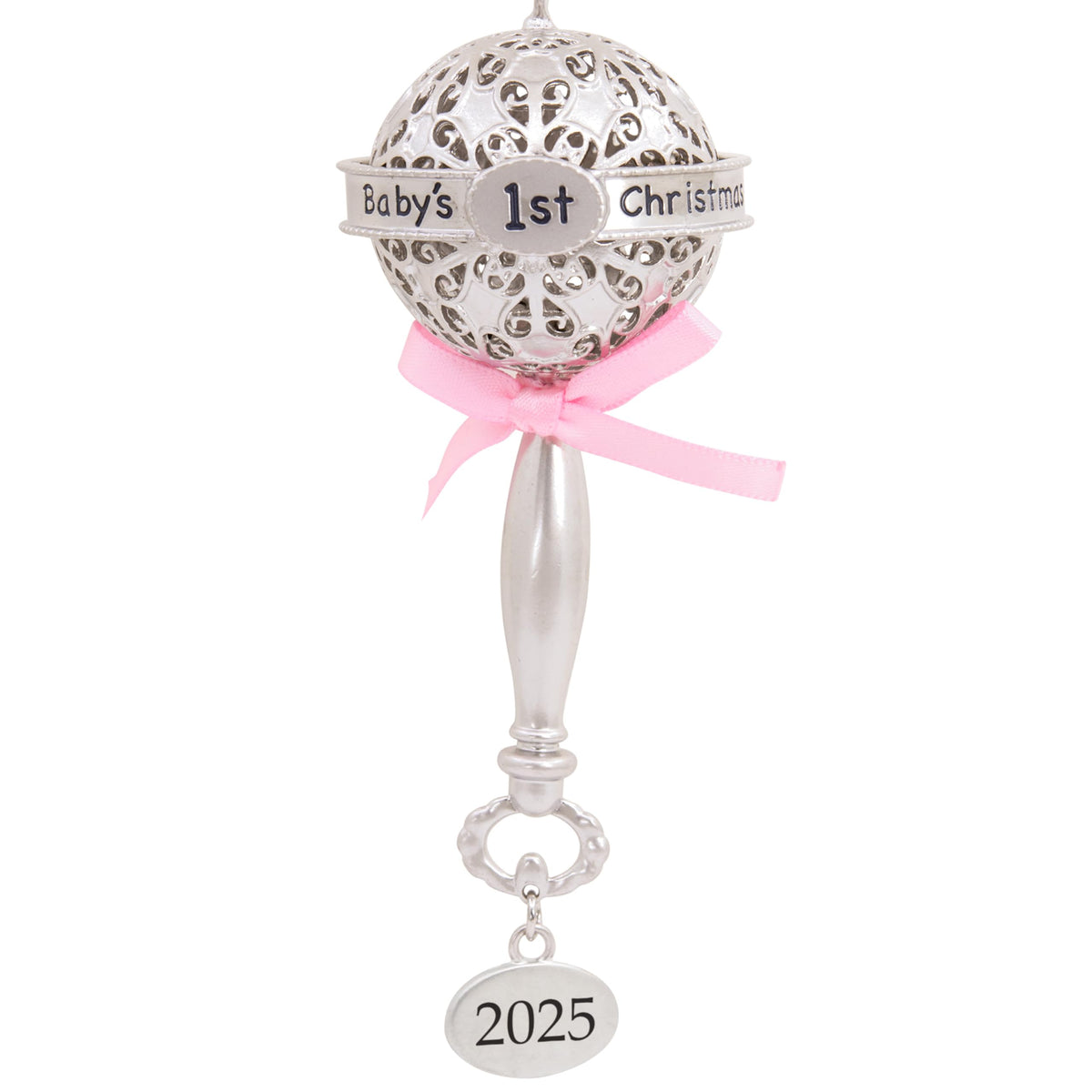 Silver Rattle with Pink Ribbon Christmas Ornament Z1159