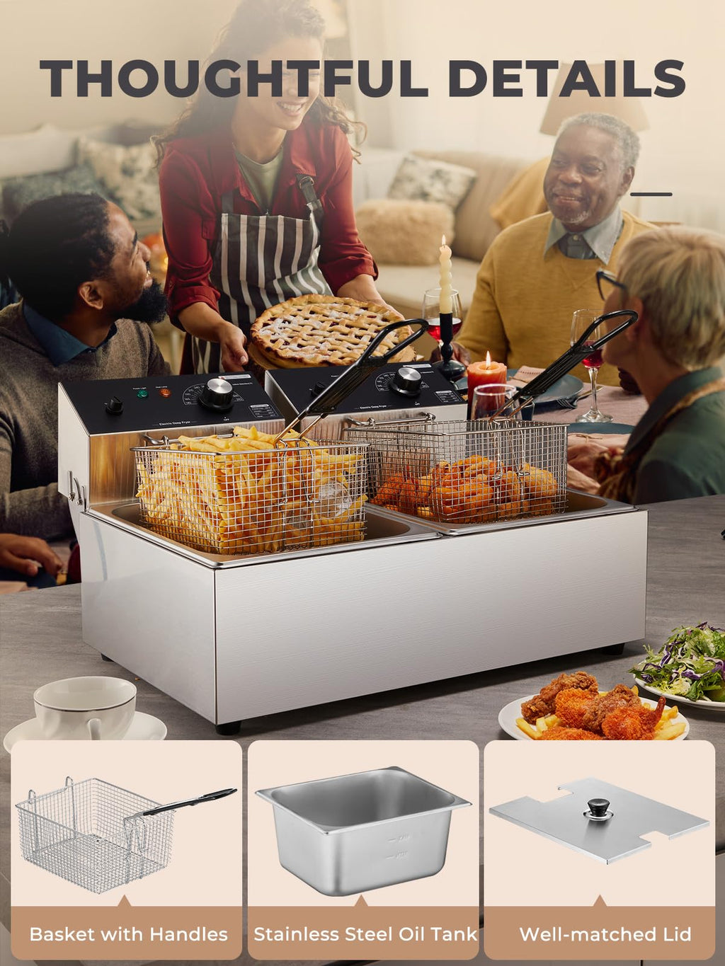 3400W 20.7QT Stainless Steel Electric Deep Fryer with 2 Removable Baskets W965