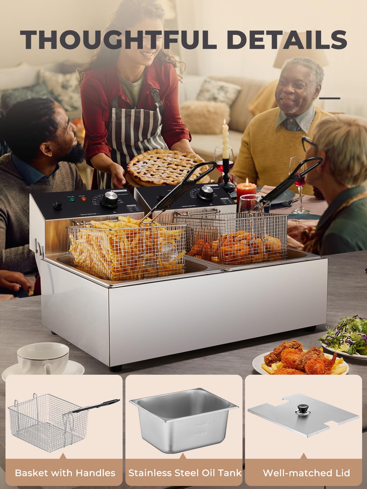 3400W 20.7QT Stainless Steel Electric Deep Fryer with 2 Removable Baskets W965