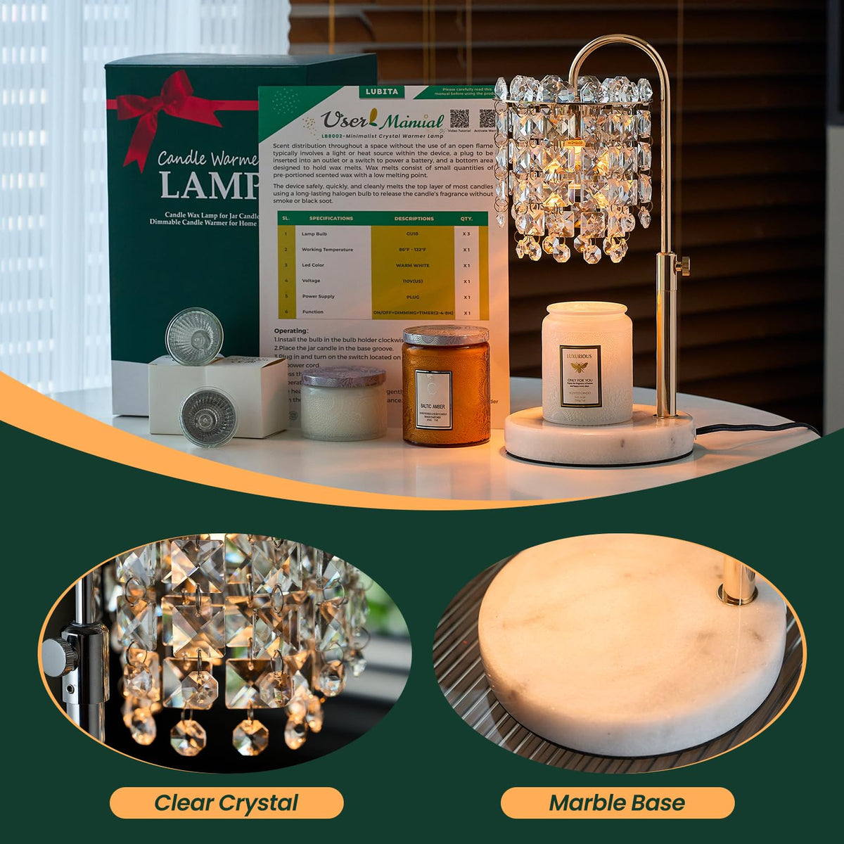Candle Warmer Lamp with Timer Dimmer Adjustable Height W253669