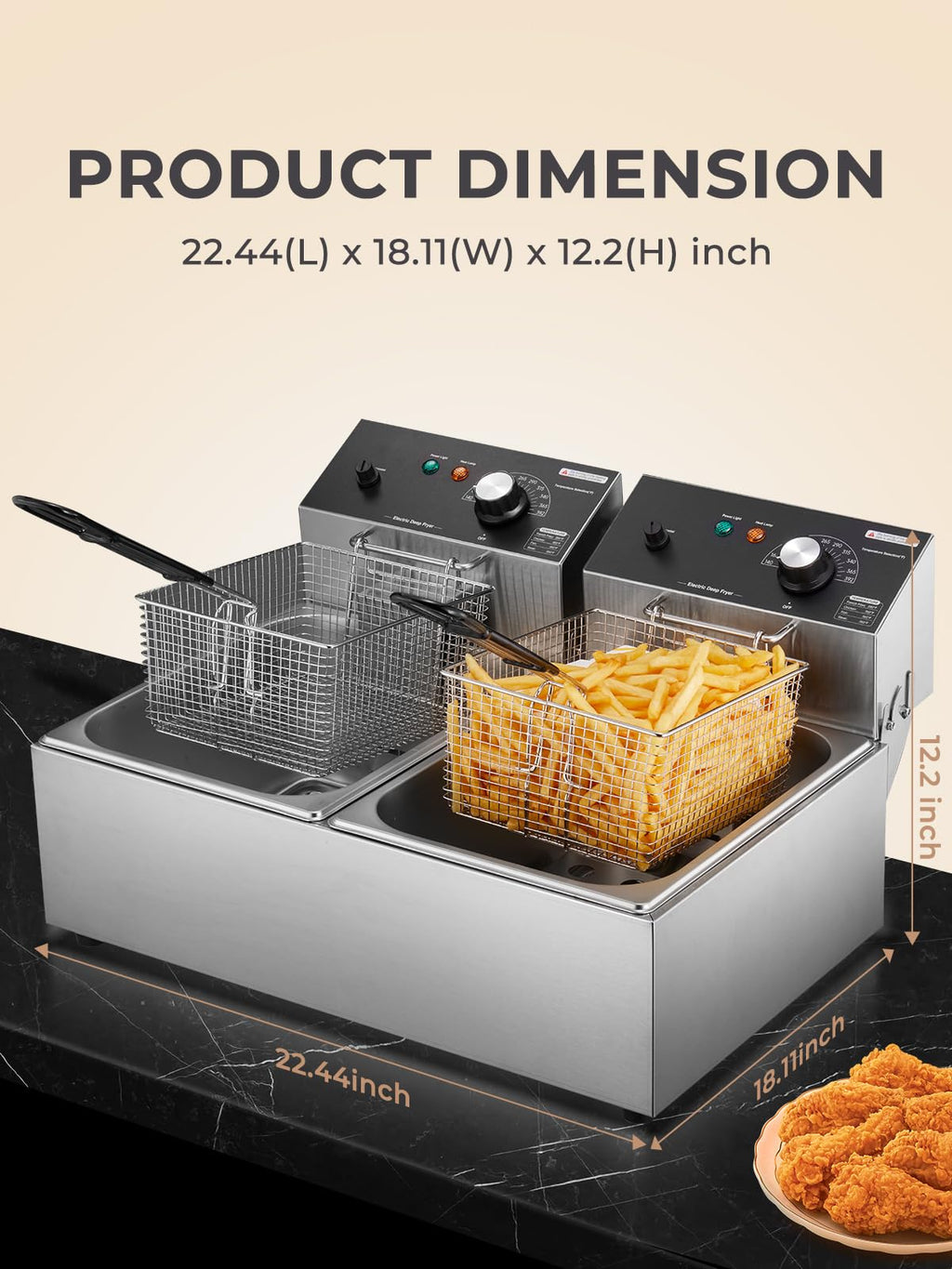 3400W 20.7QT Stainless Steel Electric Deep Fryer with 2 Removable Baskets W965