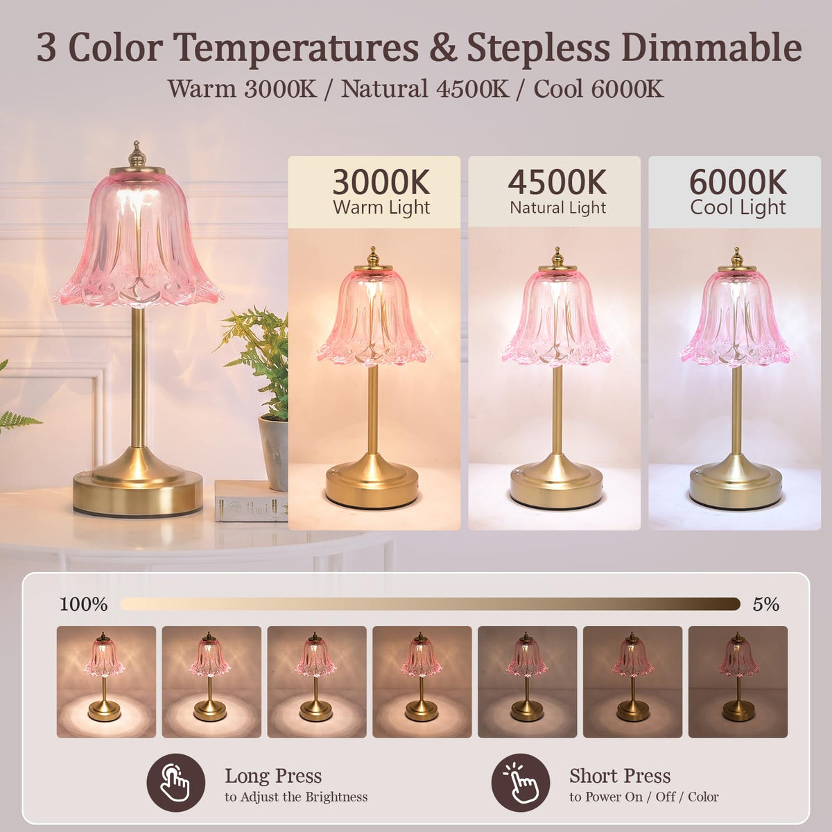 Pink Glass Tulip Flower Touch Lamp S370655