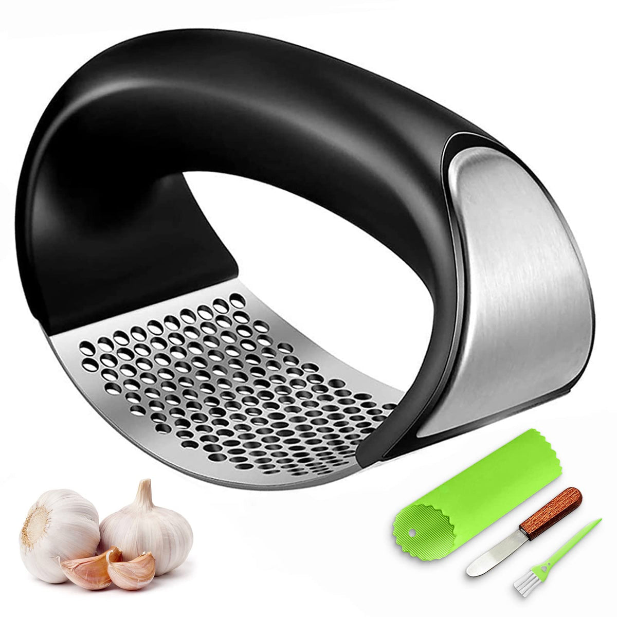 Stainless Steel Garlic Press Rocker with Silicone Peeler Z40077