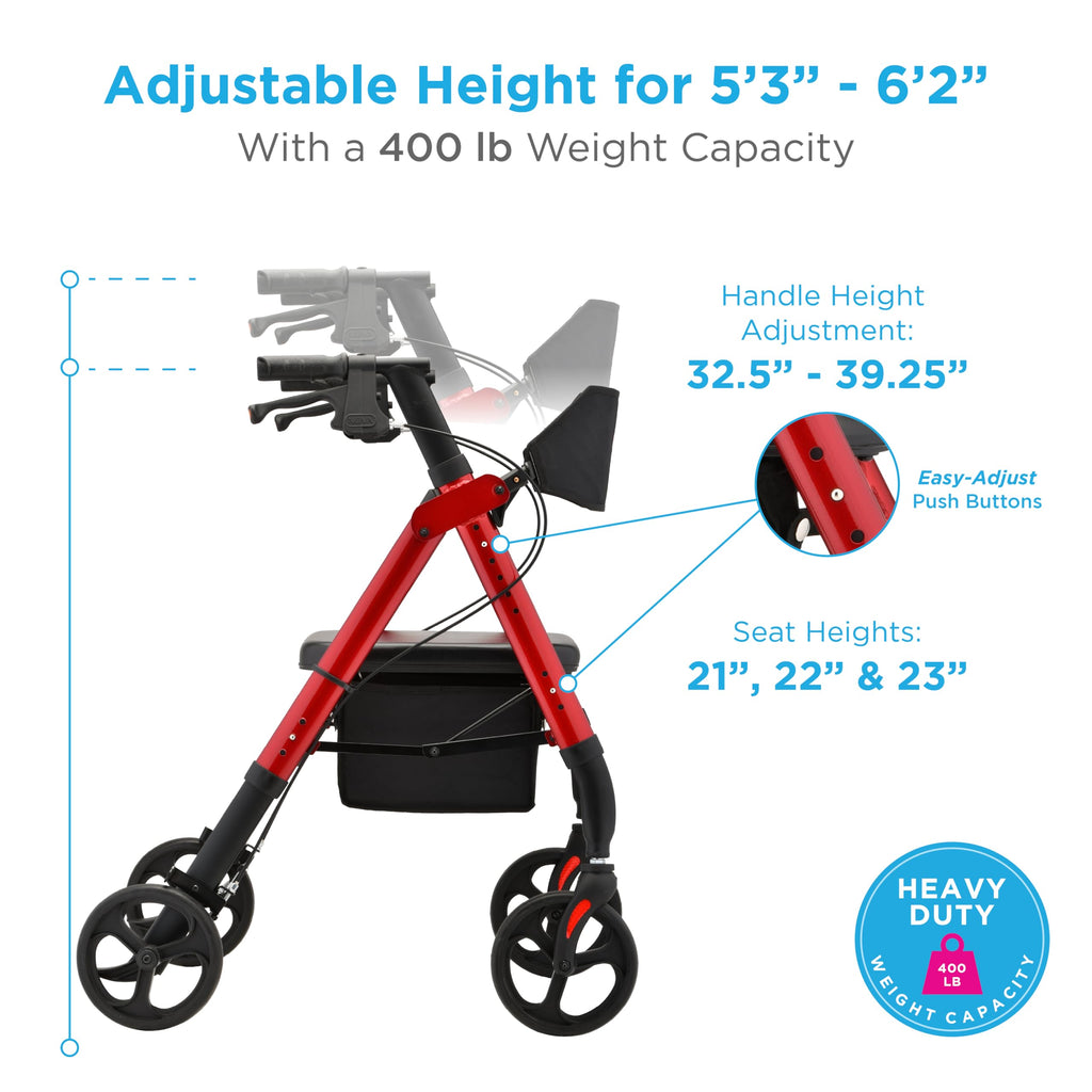 Foldable Rollator Walker with Seat, 400 lb Weight Capacity, 8” All-Terrain Wheels, Red C885