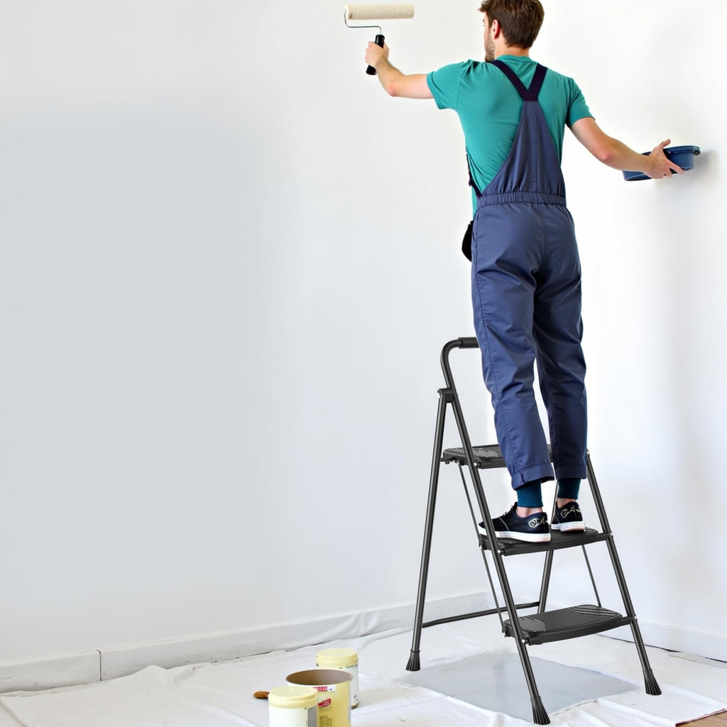 Folding Steel 3-Step Ladder with Handrail X80669