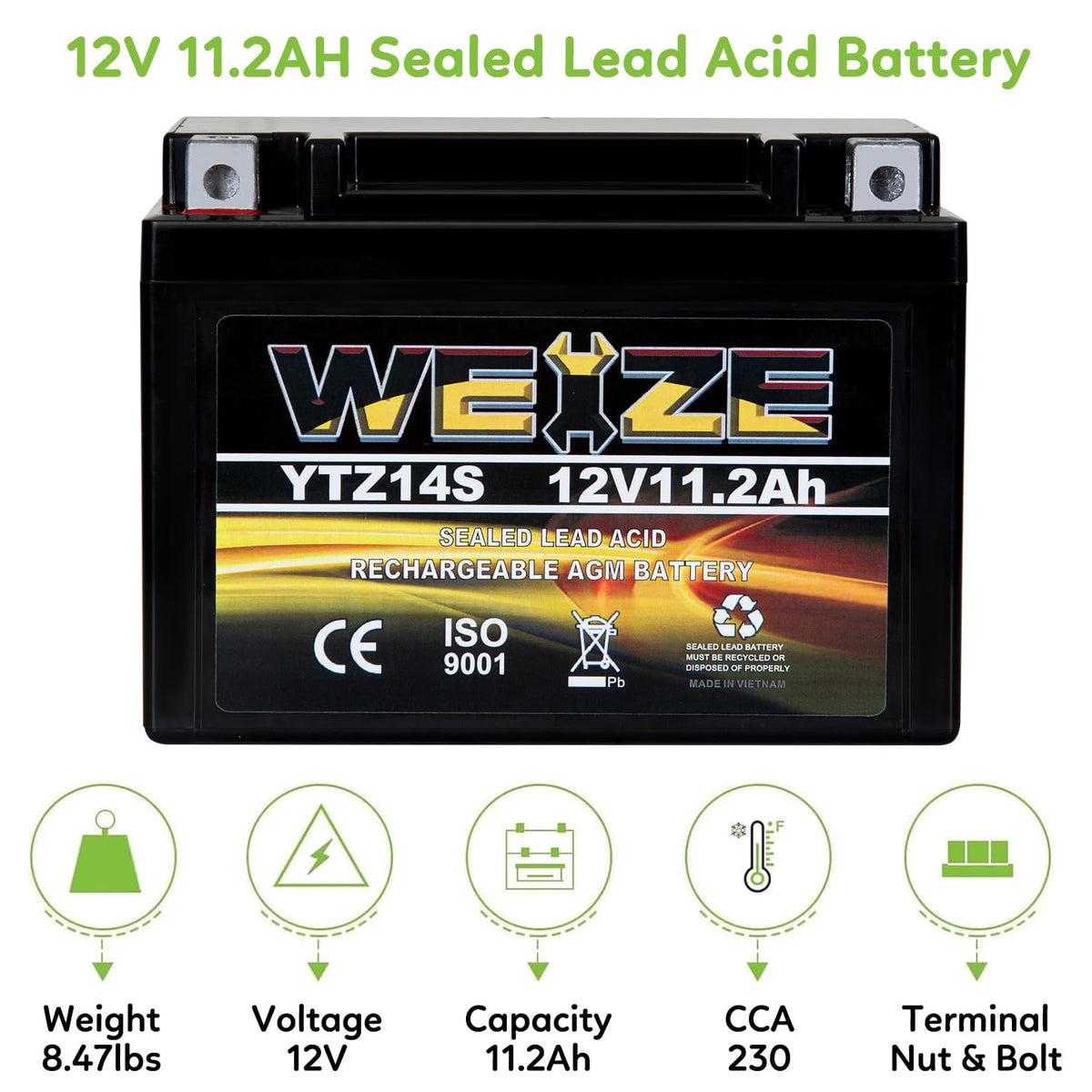 12V 11.2AH 230CCA Maintenance Free Sealed AGM Motorcycle Battery Z736
