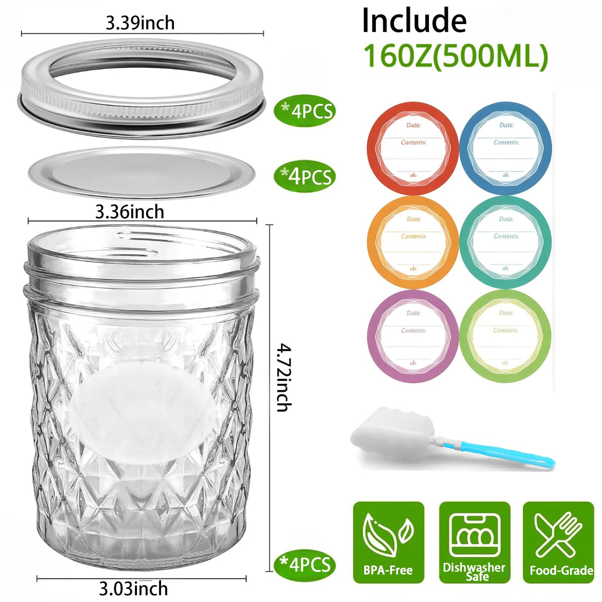 16 oz Wide Mouth Glass Mason Jars with Lids, 4 Pack H792