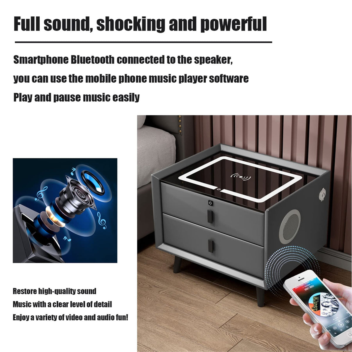 Gray Nightstand with Lock Drawer, Wireless Charging, USB Port and LED Lights R55087