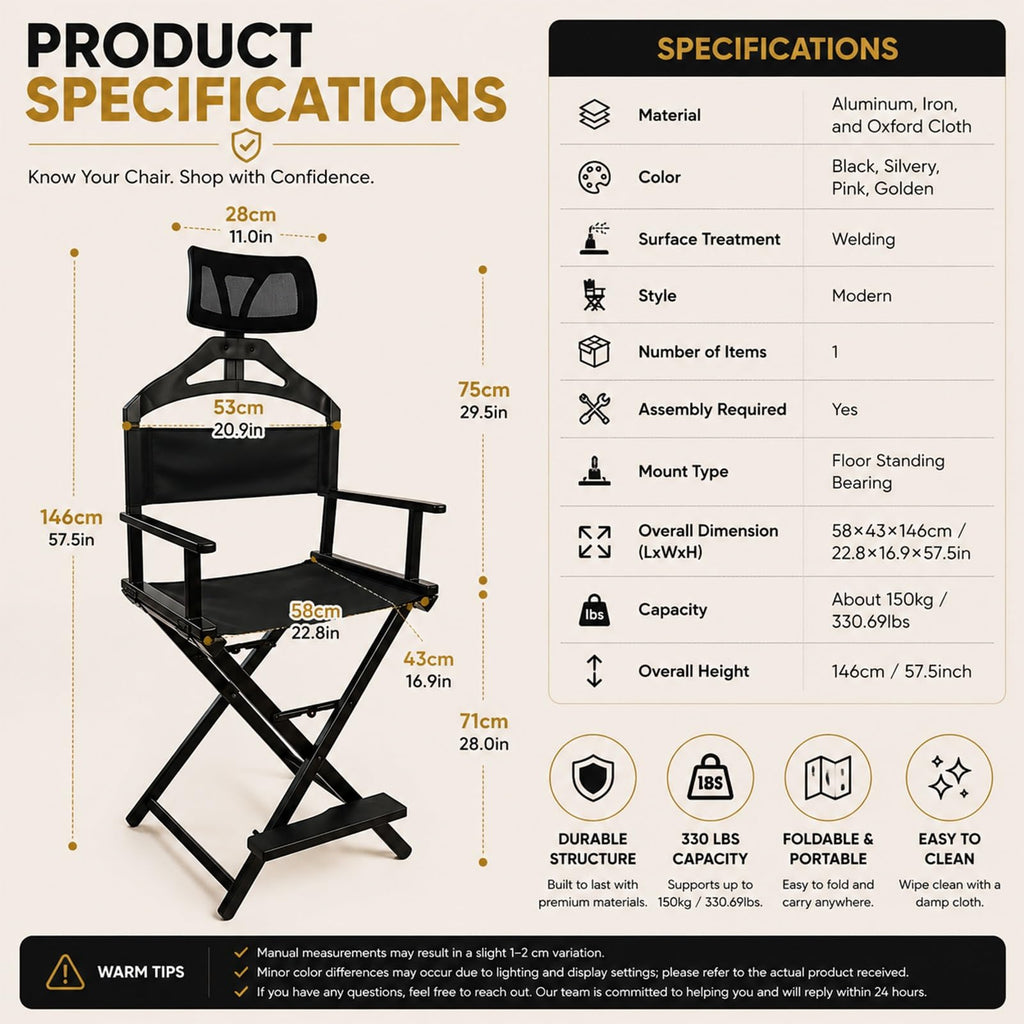 Extra Tall Foldable Directors Chair with Adjustable Mesh Headrest E405117