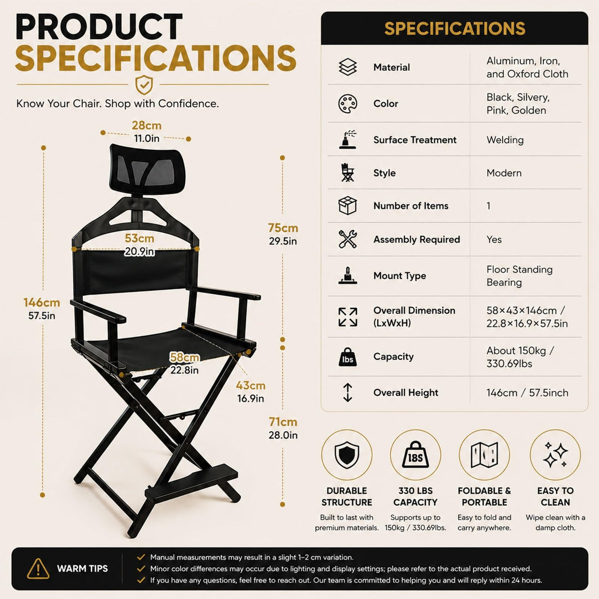 Extra Tall Foldable Directors Chair with Adjustable Mesh Headrest E405117