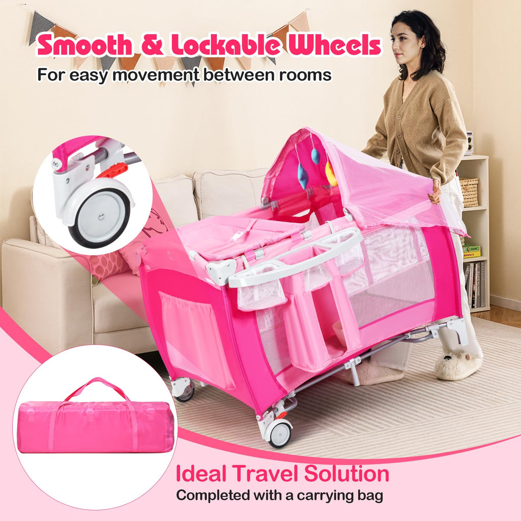 4 in 1 Pack and Play Portable Baby Bassinet Playpen with Diaper Changer Mattress Canopy Storage Rack Toy Bar Music Box Foldable Travel Playard Pink P136665