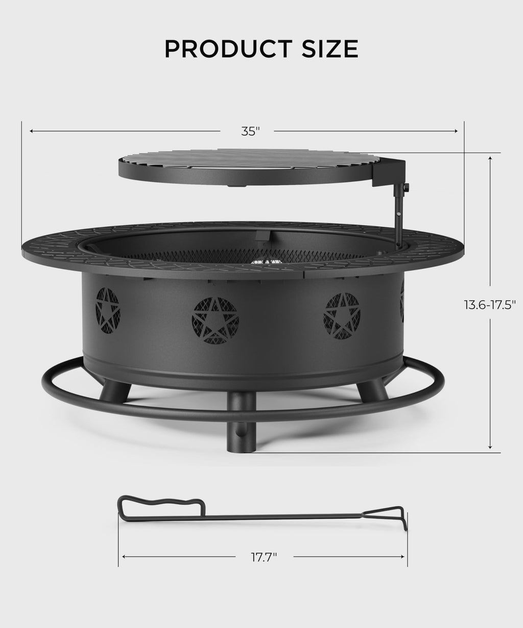 35 Inch Wood Burning Fire Pit with BBQ Grill S77714