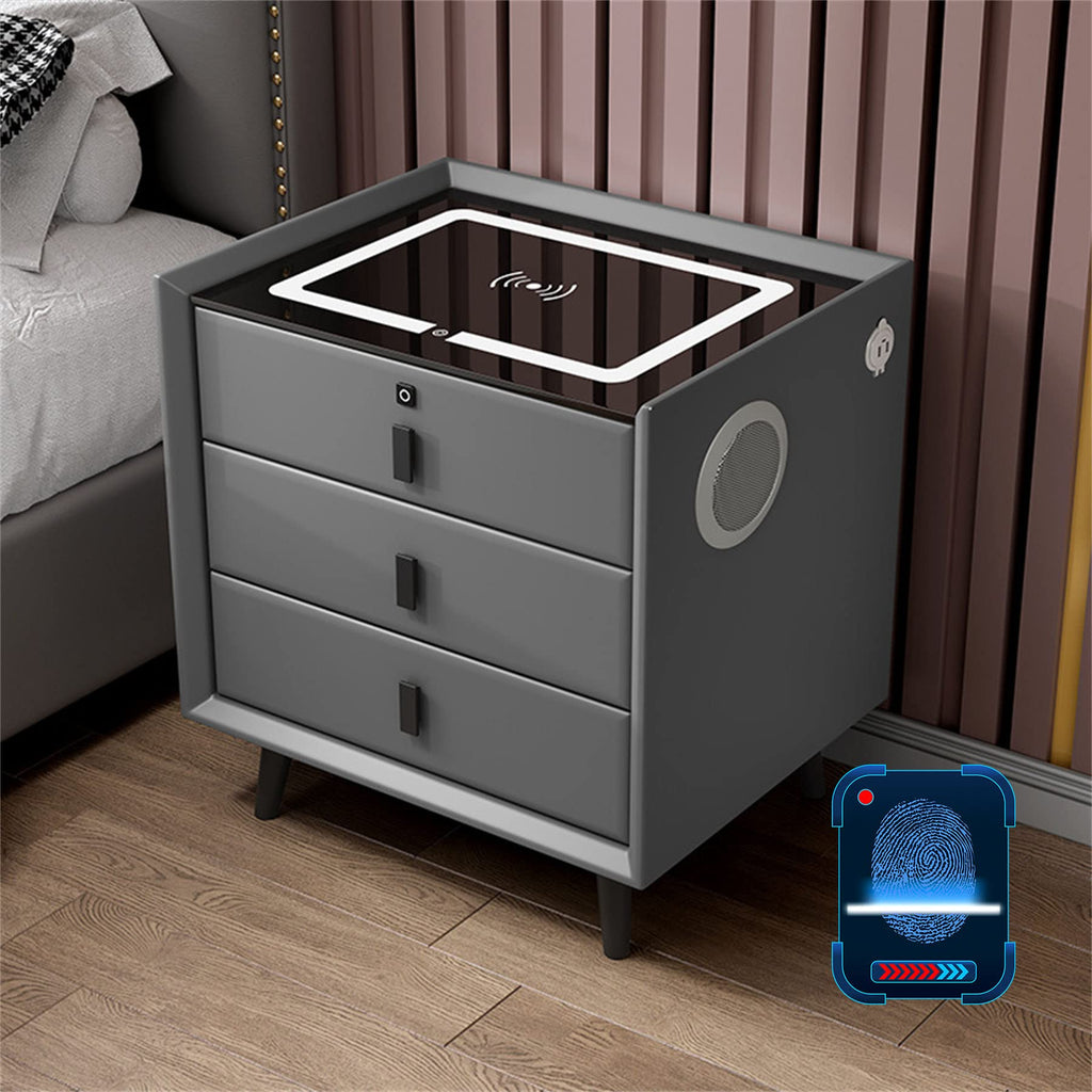 Gray Nightstand with Lock Drawer, Wireless Charging, USB Port and LED Lights R55087