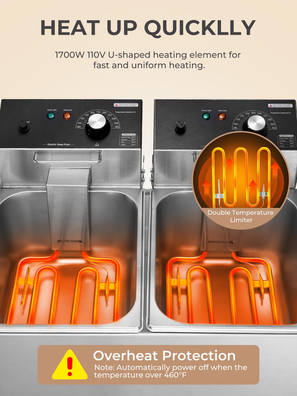 3400W 20.7QT Stainless Steel Electric Deep Fryer with 2 Removable Baskets W965