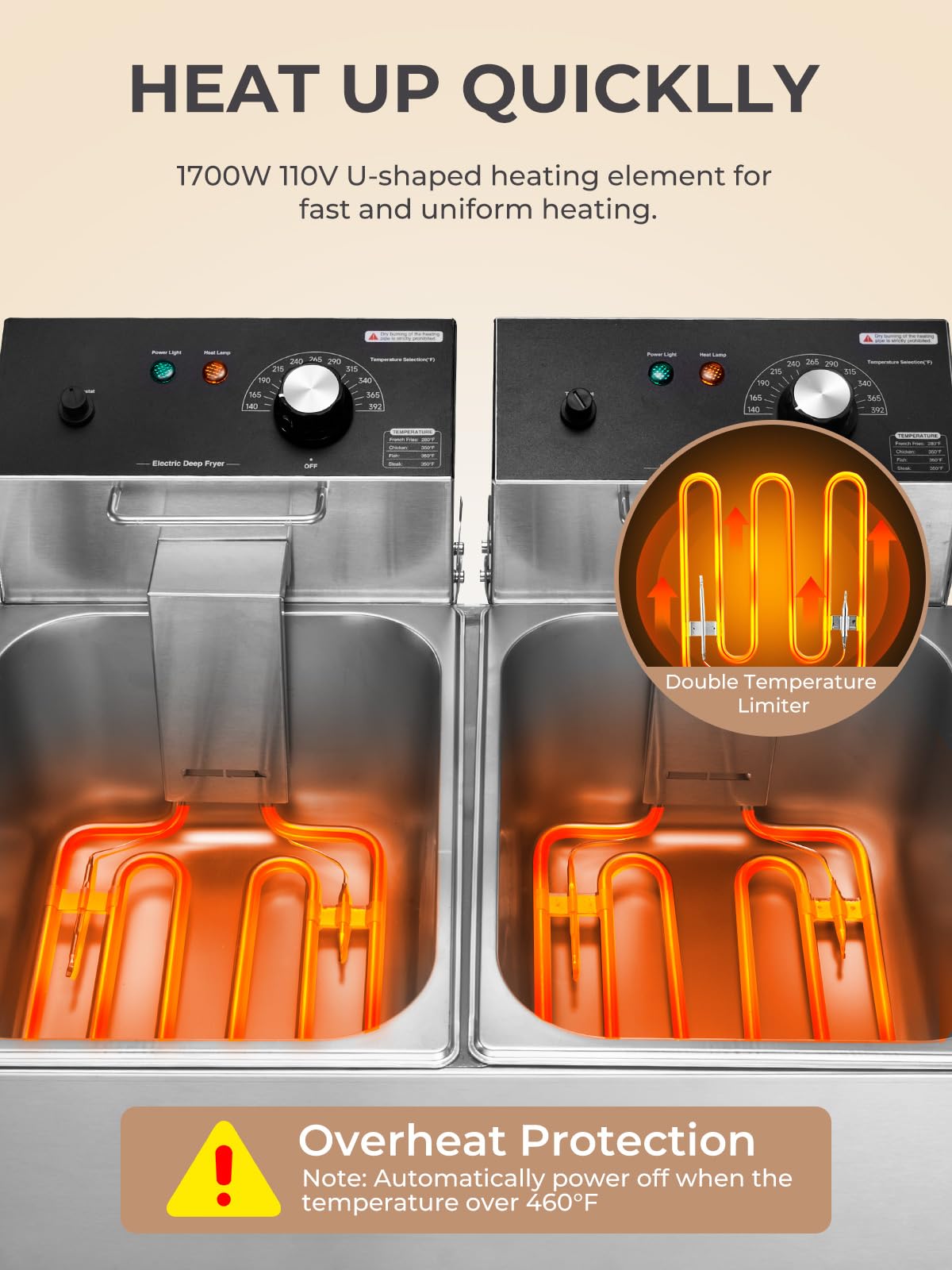 3400W 20.7QT Stainless Steel Electric Deep Fryer with 2 Removable Baskets W965