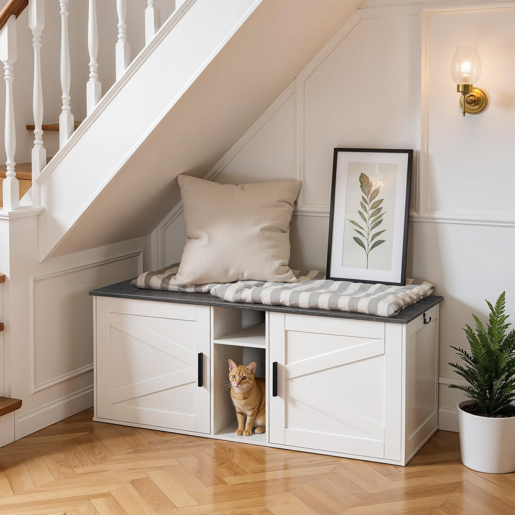 White and Charcoal Gray Cat Litter Box Enclosure U68814