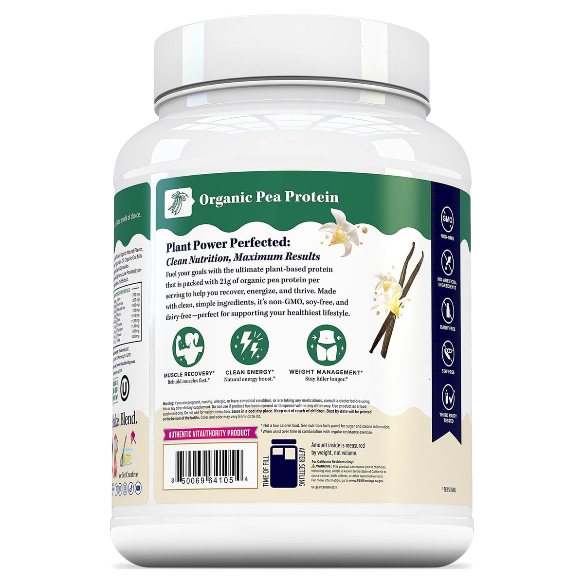 Plant Based Vegan Protein Powder with BCAAs & MCTs, Vanilla, 30 Servings S156208