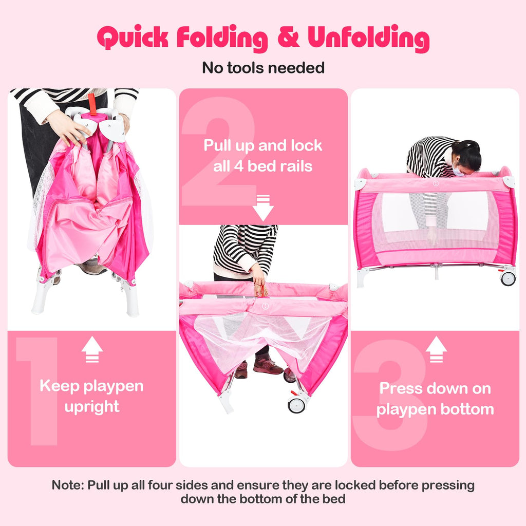 4 in 1 Pack and Play Portable Baby Bassinet Playpen with Diaper Changer Mattress Canopy Storage Rack Toy Bar Music Box Foldable Travel Playard Pink P136665