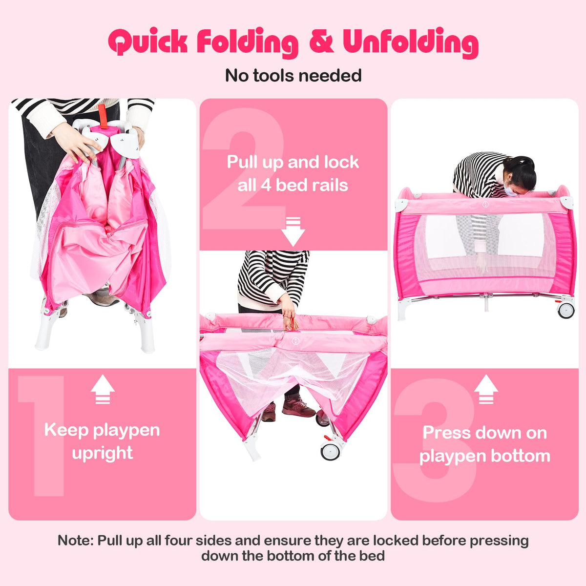 4 in 1 Pack and Play Portable Baby Bassinet Playpen with Diaper Changer Mattress Canopy Storage Rack Toy Bar Music Box Foldable Travel Playard Pink P136665