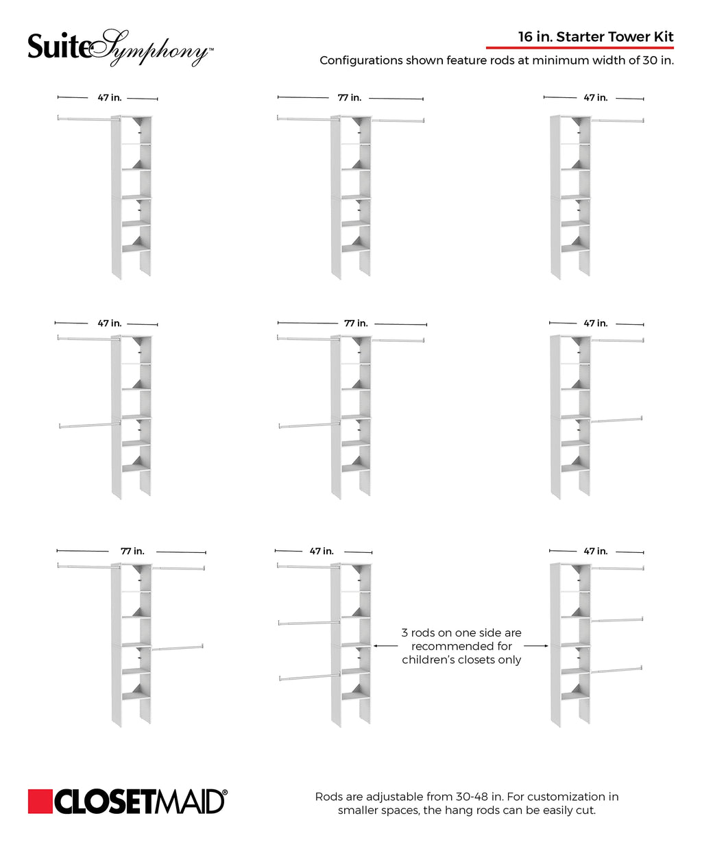 Small Closet Organizer Starter Kit with Tower and 3 Hang Rods, Pure White G709
