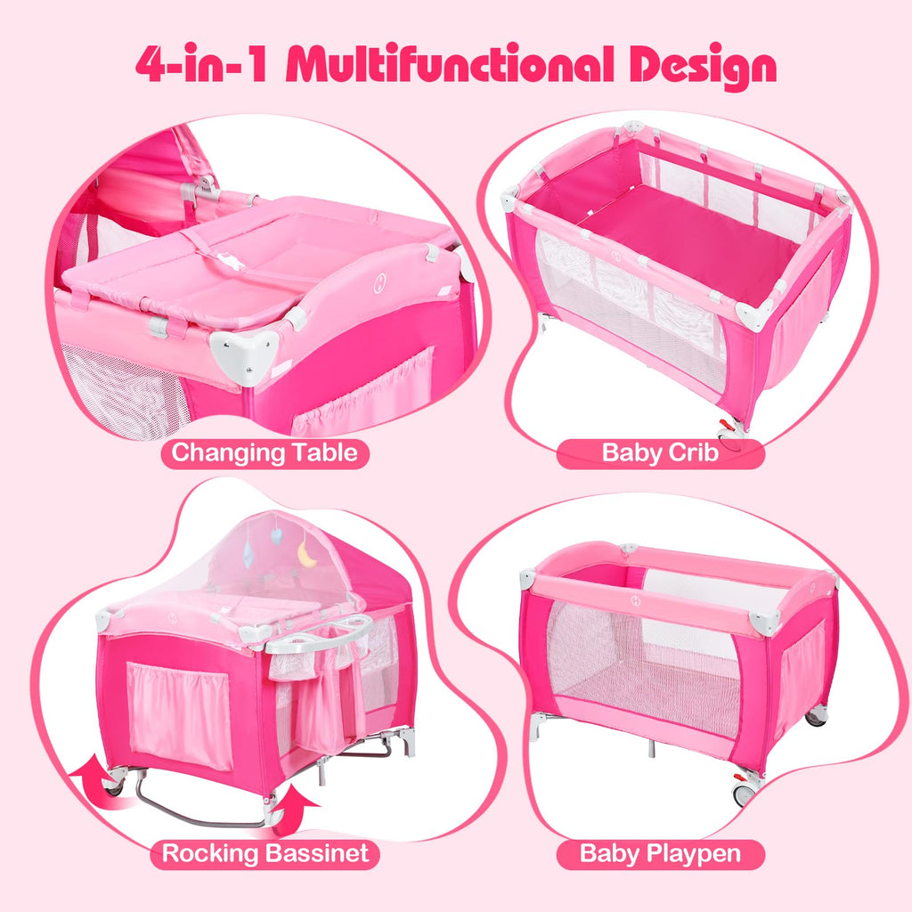 4 in 1 Pack and Play Portable Baby Bassinet Playpen with Diaper Changer Mattress Canopy Storage Rack Toy Bar Music Box Foldable Travel Playard Pink P136665