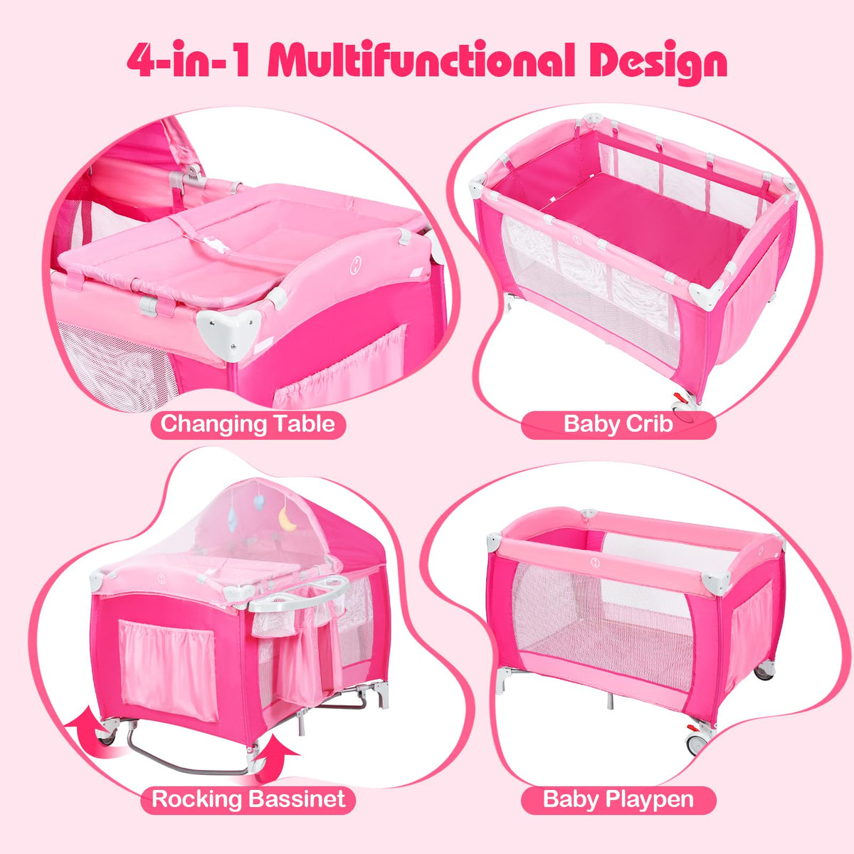 4 in 1 Pack and Play Portable Baby Bassinet Playpen with Diaper Changer Mattress Canopy Storage Rack Toy Bar Music Box Foldable Travel Playard Pink P136665