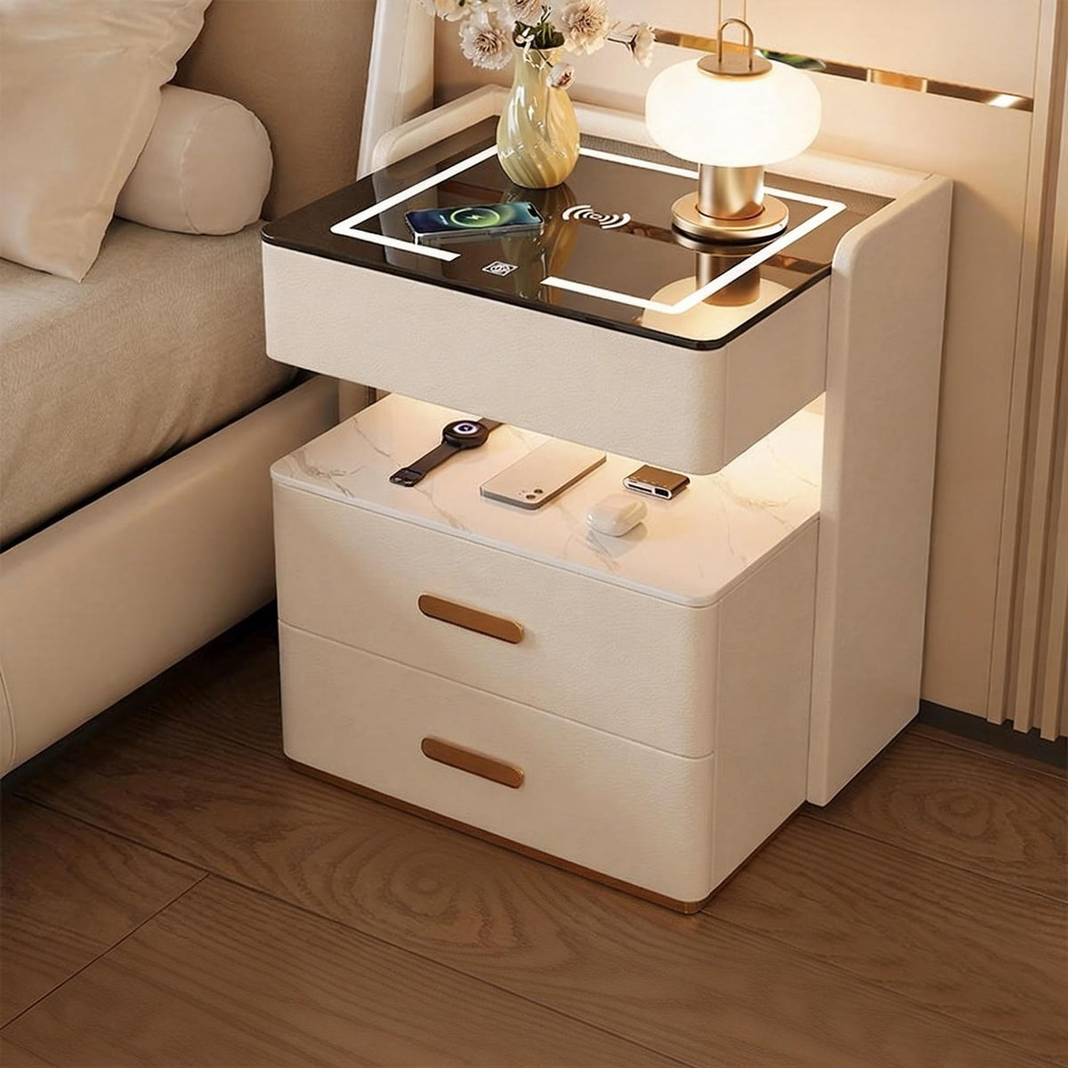Smart Nightstand with 2 Storage Drawer, Wireless Charging Station, 3-Color Adjustable LED Light, Solid Wood Side Table R2279