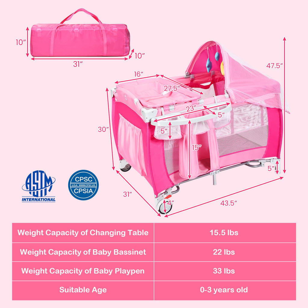 4 in 1 Pack and Play Portable Baby Bassinet Playpen with Diaper Changer Mattress Canopy Storage Rack Toy Bar Music Box Foldable Travel Playard Pink P136665