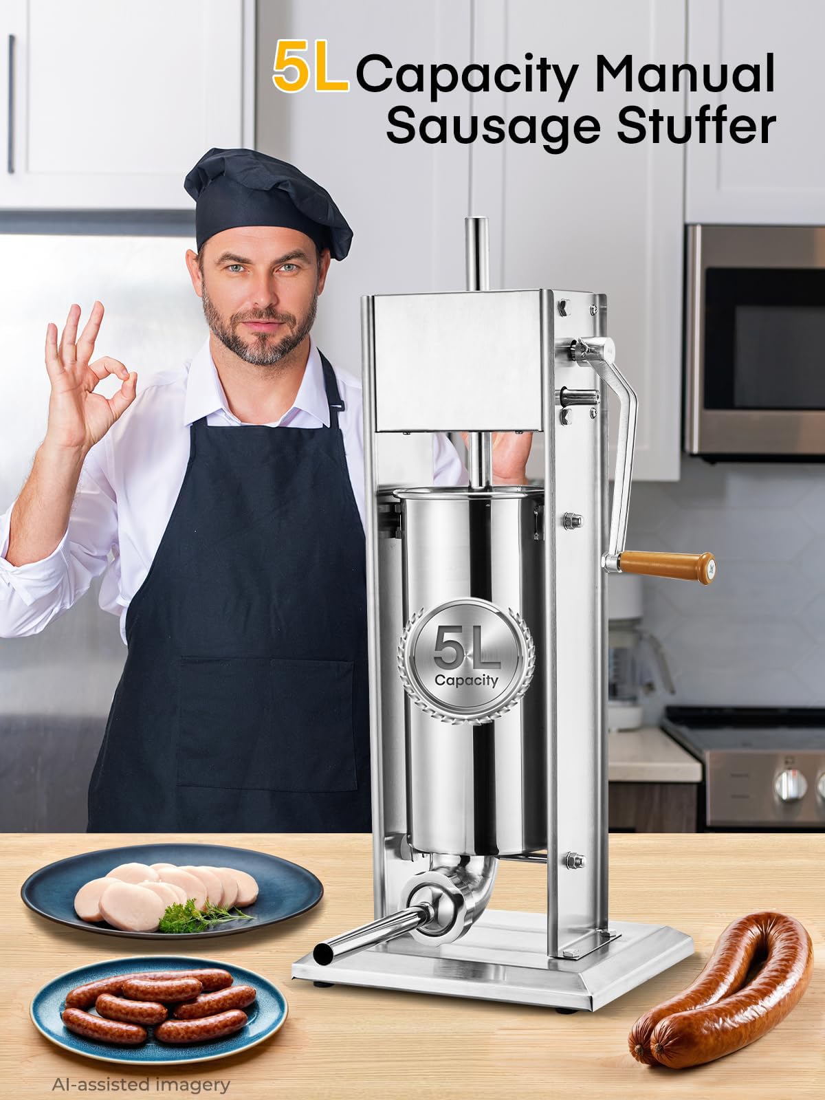 5L Stainless Steel Manual Sausage Stuffer with 4 Stuffing Tubes H32635