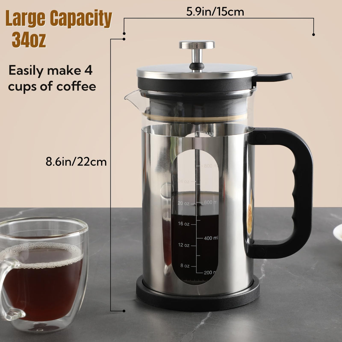 34 oz Borosilicate Glass Stainless Steel French Press A89660