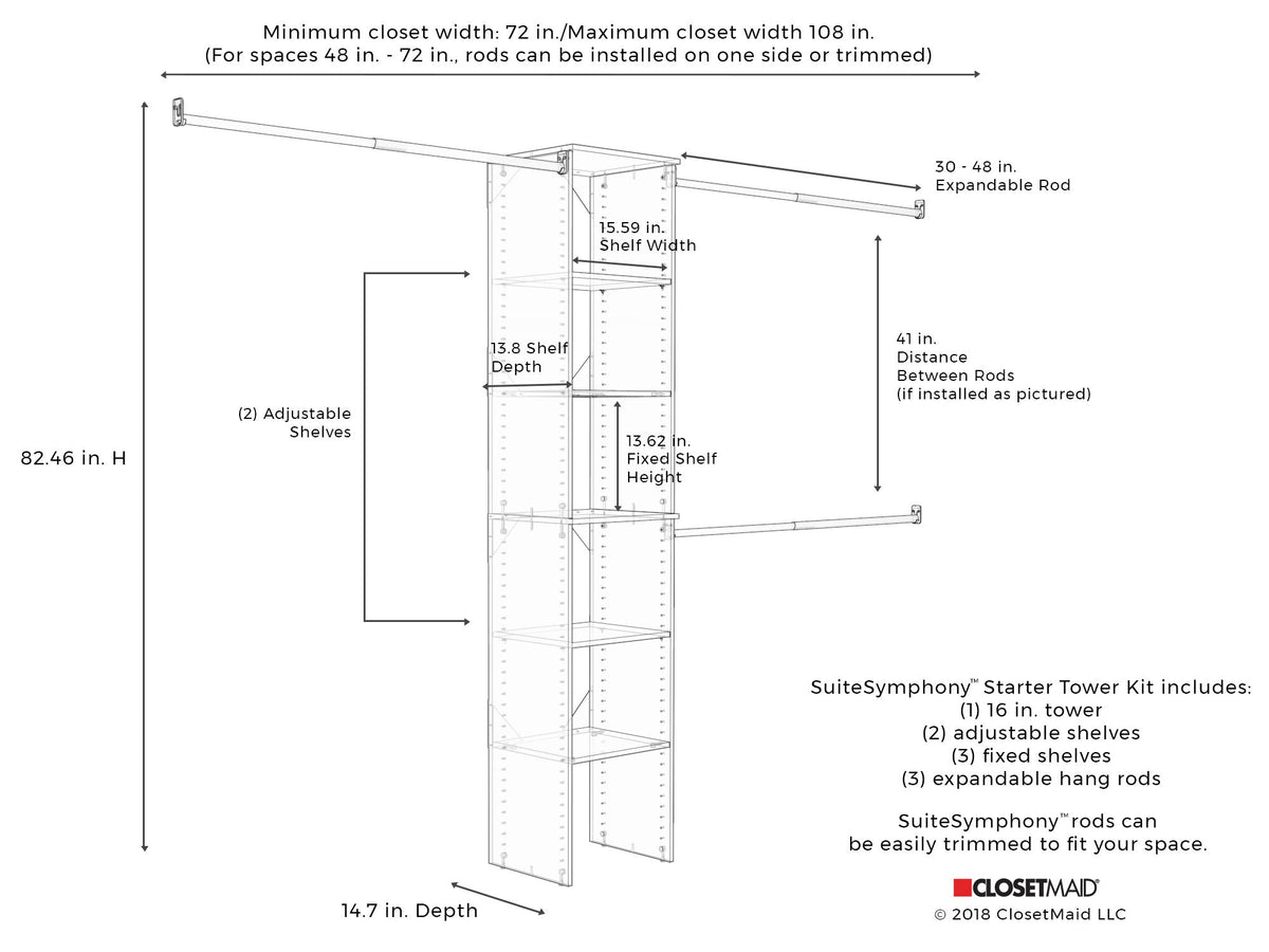 Small Closet Organizer Starter Kit with Tower and 3 Hang Rods, Pure White G709