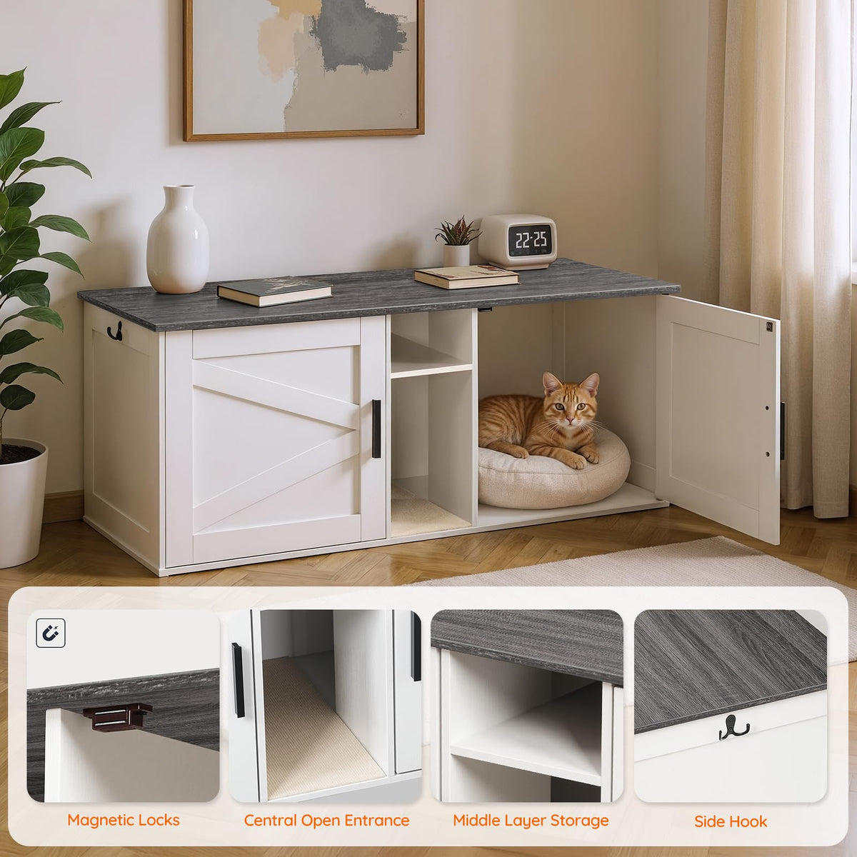 White and Charcoal Gray Cat Litter Box Enclosure U68814