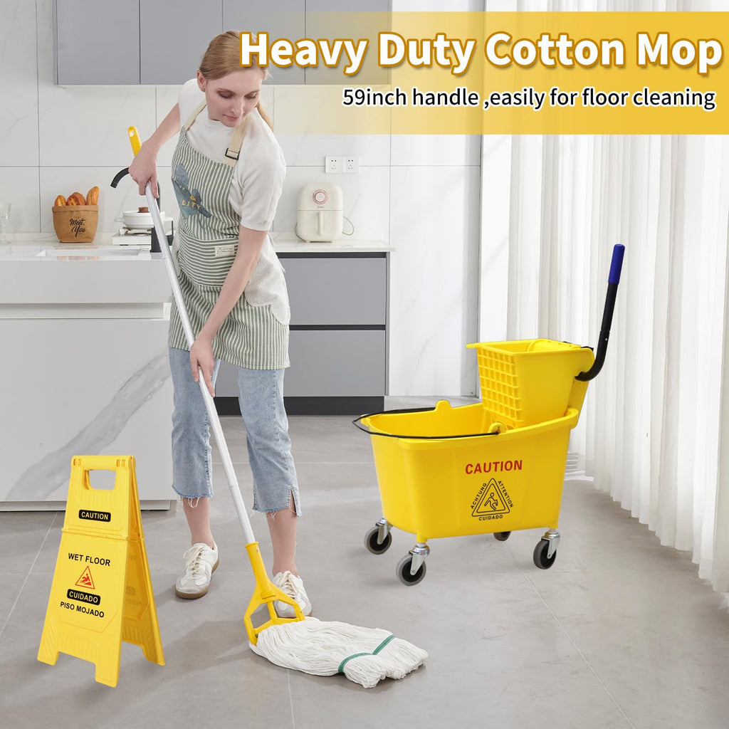 Commercial Mop Bucket with Wringer on Wheels, 35 Quart, Yellow X263114
