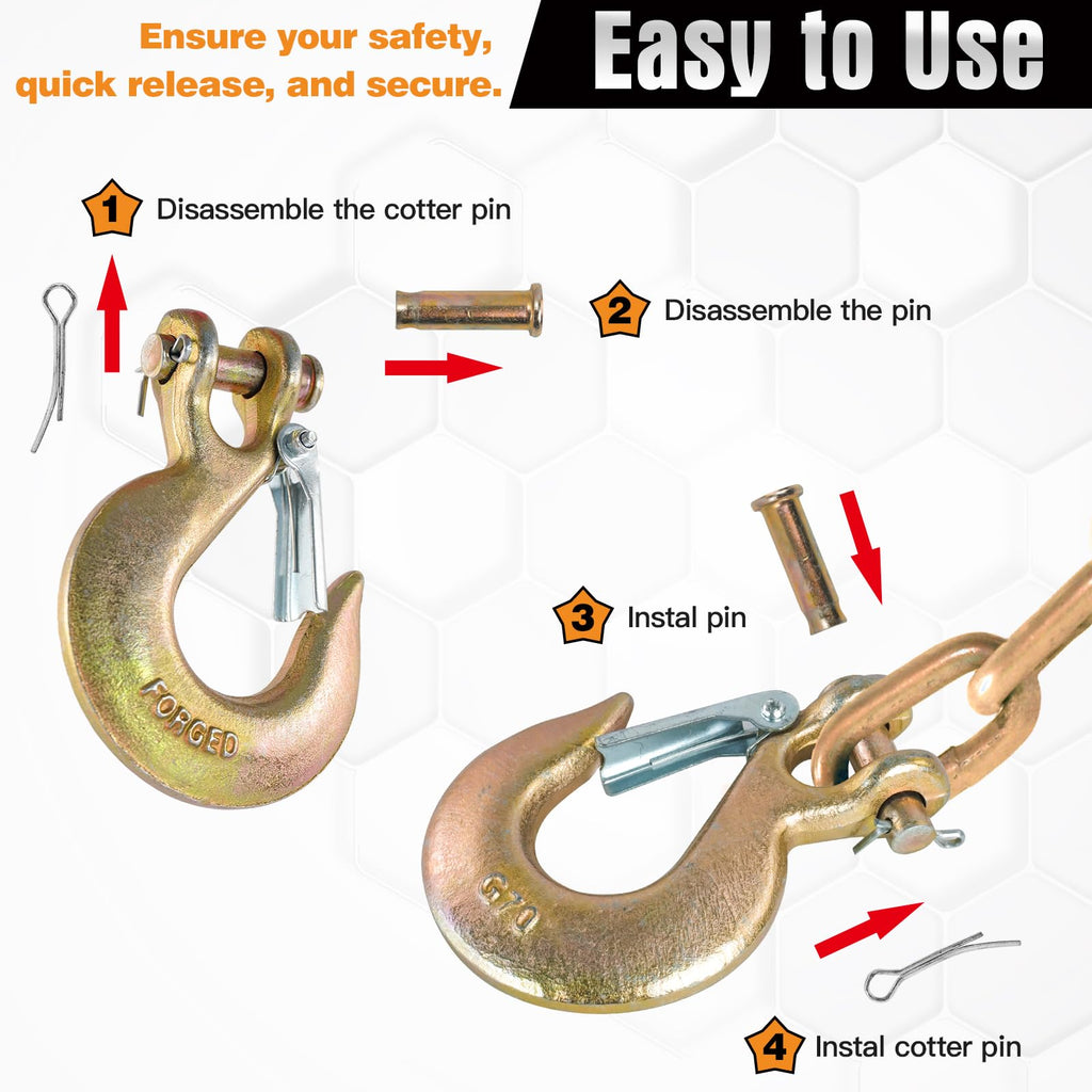 2 Pack 3/8" G70 Clevis Slip Hooks with Safety Latch T4402